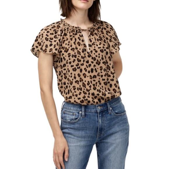 J.Crew SZ S Leopard Print Silk Flutter Sleeve Top In Mod Neutral NWT - Picture 1 of 8